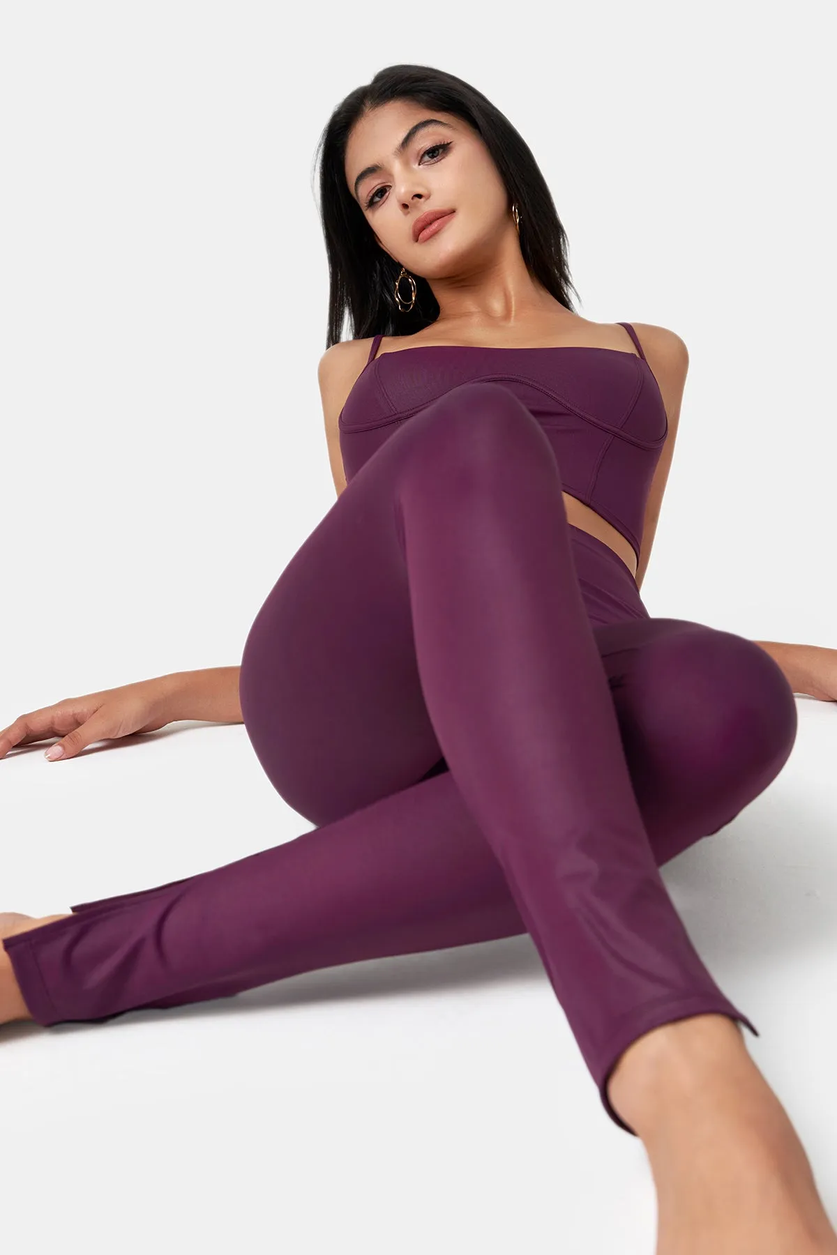 Glossy High-Waisted Slit Full-Length Leggings