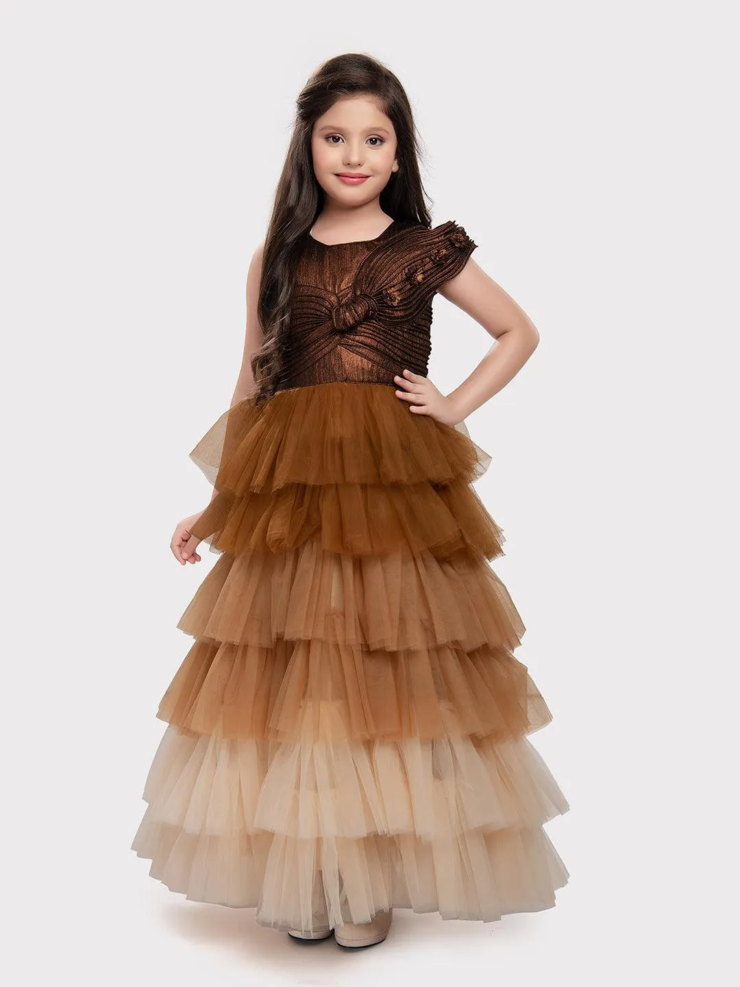 Gold Coloured Trendy Wire Style Unique Imported Net Frill Ethnic Gown For Girls