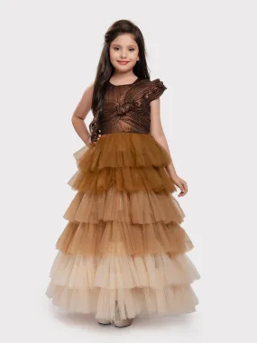 Gold Coloured Trendy Wire Style Unique Imported Net Frill Ethnic Gown For Girls