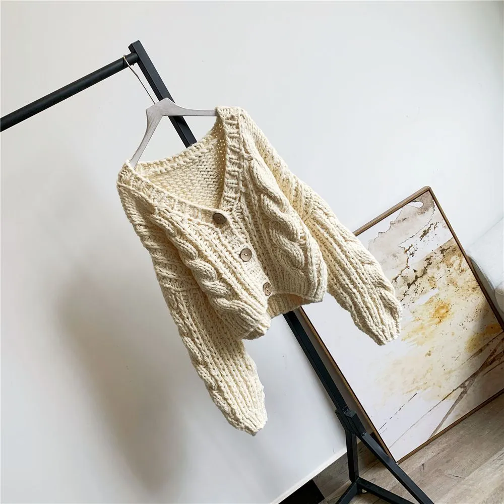 Hand Knitted Braid Chunky Cable Knit V Neck Button Crop Cardigan Sweater