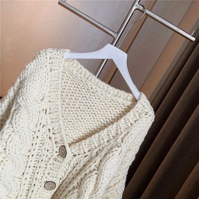 Hand Knitted Braid Chunky Cable Knit V Neck Button Crop Cardigan Sweater