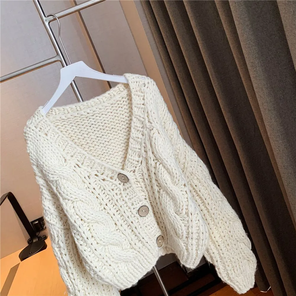 Hand Knitted Braid Chunky Cable Knit V Neck Button Crop Cardigan Sweater