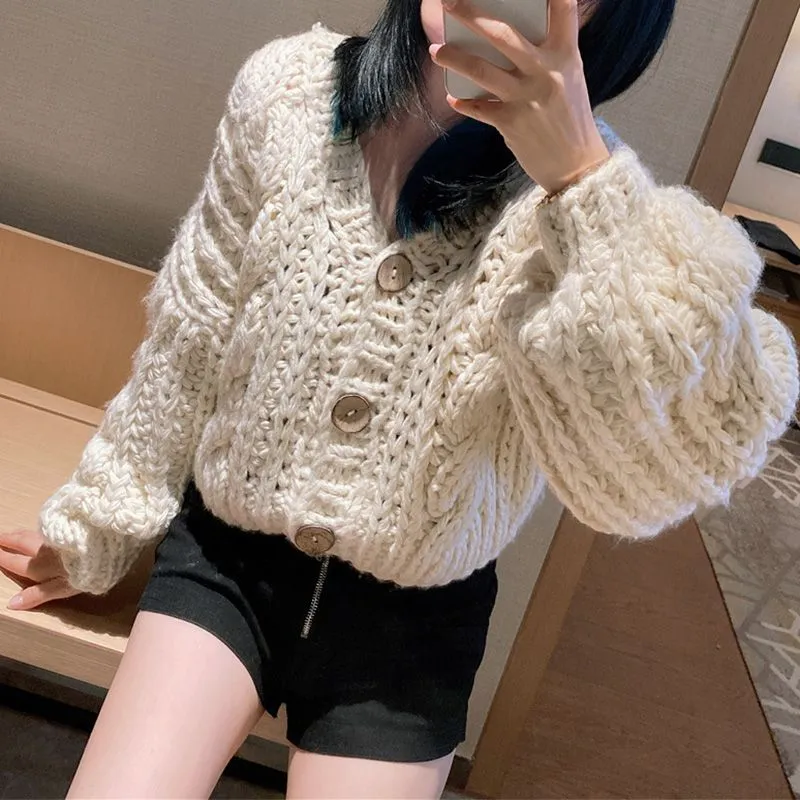 Hand Knitted Braid Chunky Cable Knit V Neck Button Crop Cardigan Sweater