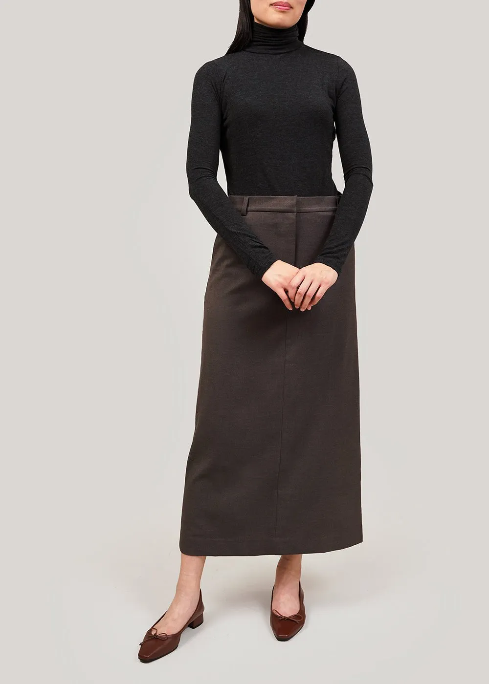 Heather Brown Wool Blend Midi Skirt