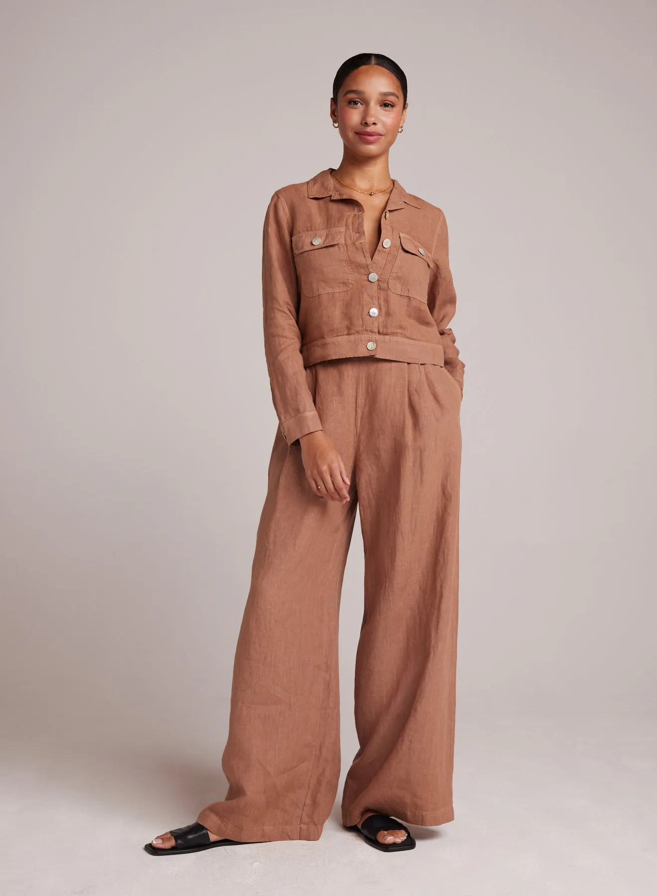 High Waisted Linen Pleated Pant  - Desert Brown