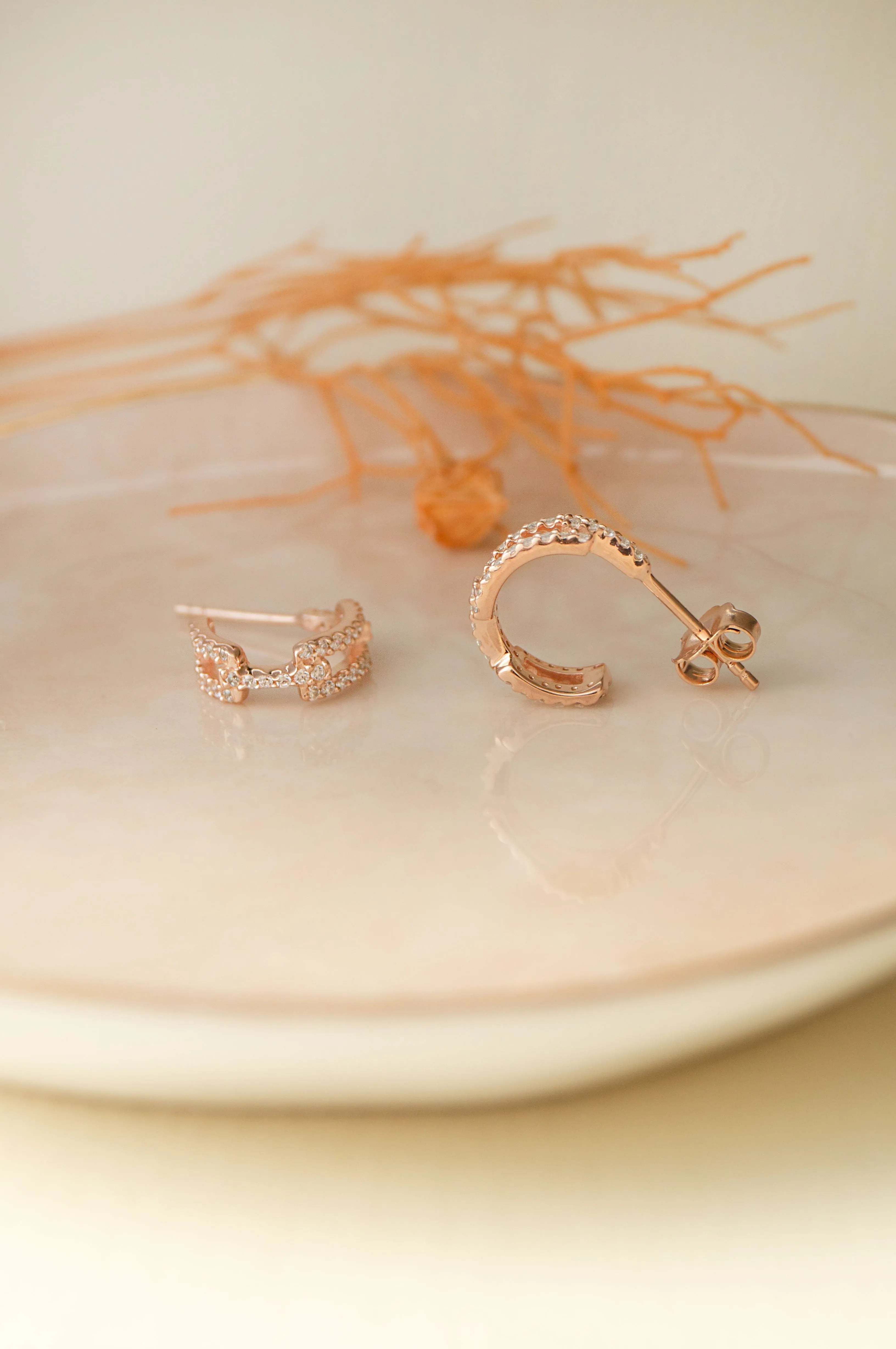 Interlinked Trendy Rose Gold Plated Sterling Silver French Hoop Earrings