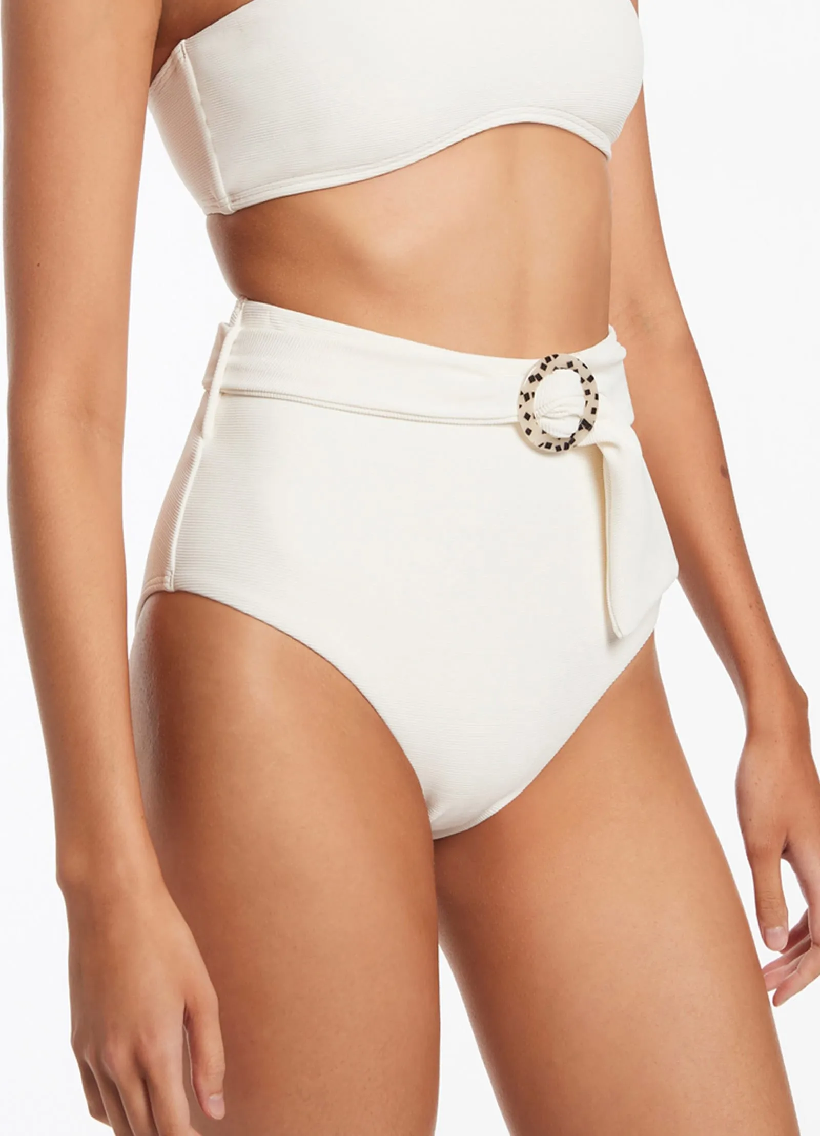 Isla Rib Belted High Waisted Bikini Bottom - Cream