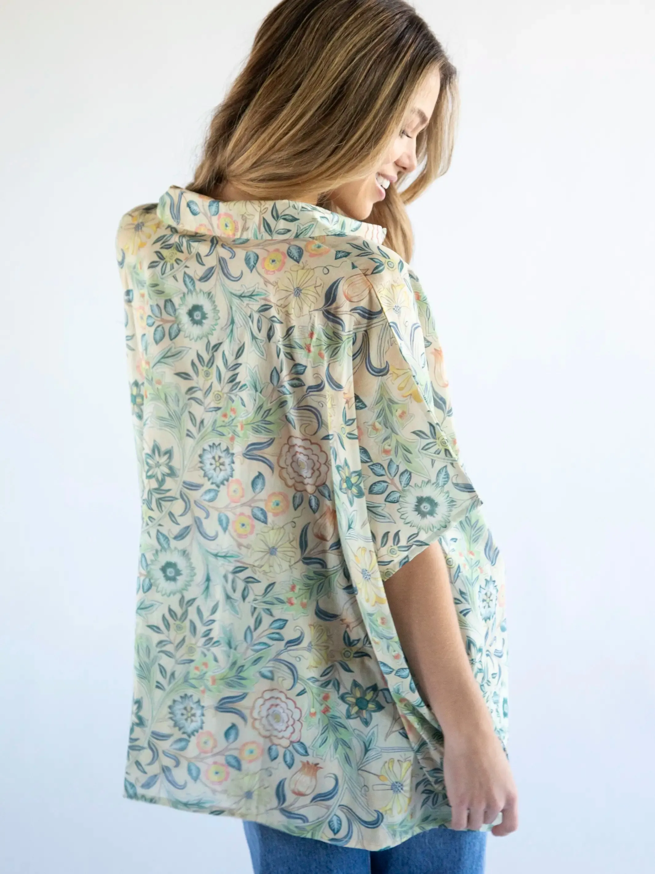 Kelly Oversized Cotton Button Down - Cream Blue Leaves