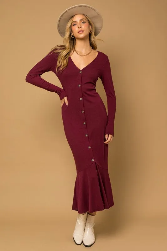 LONGSLEEVE V NECK BUTTON DOWN MERMAID MAXI DRESS