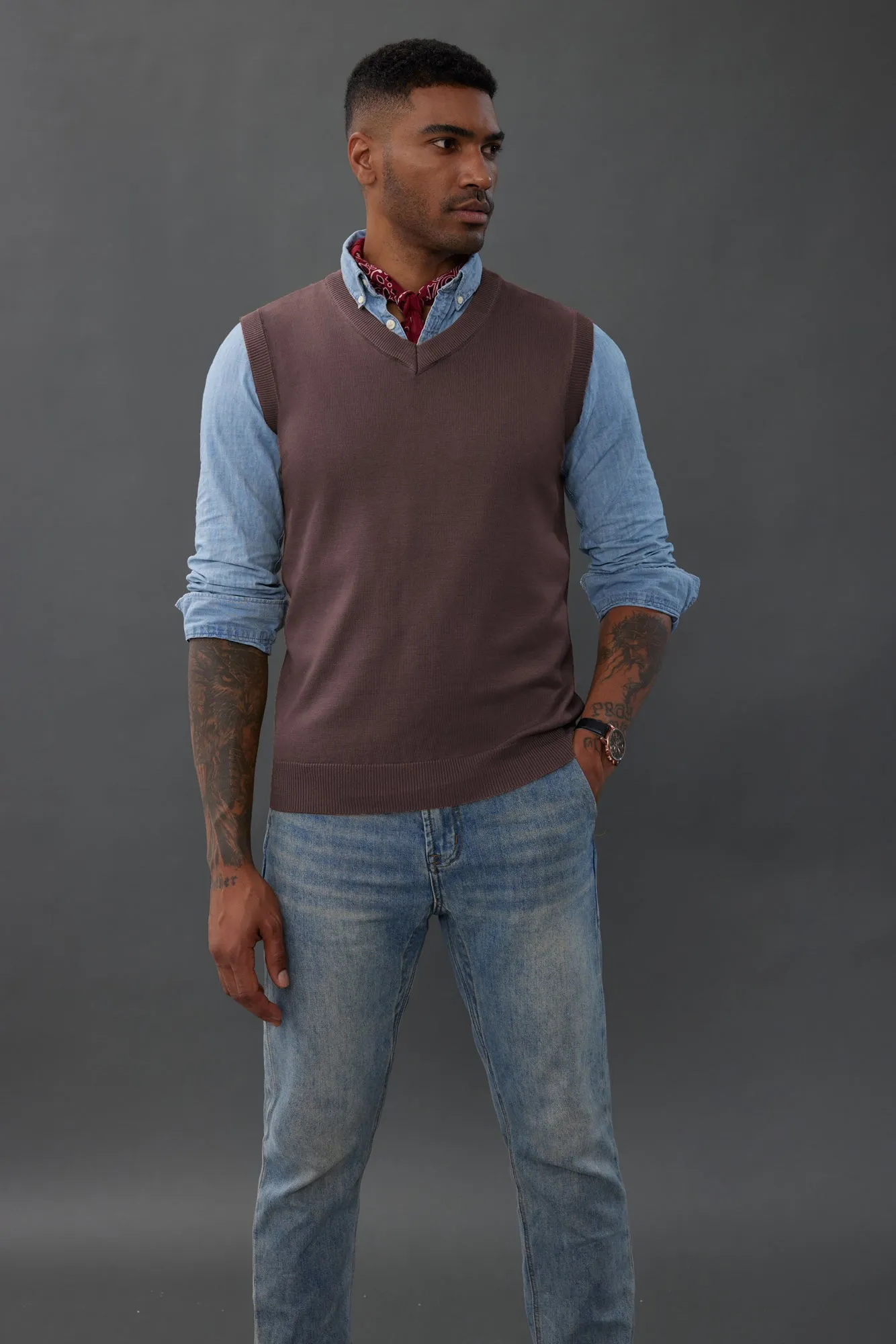 Mens V-Neck Knitted Sweater Vest Solid Plain Sleeveless Pullover Knitwear