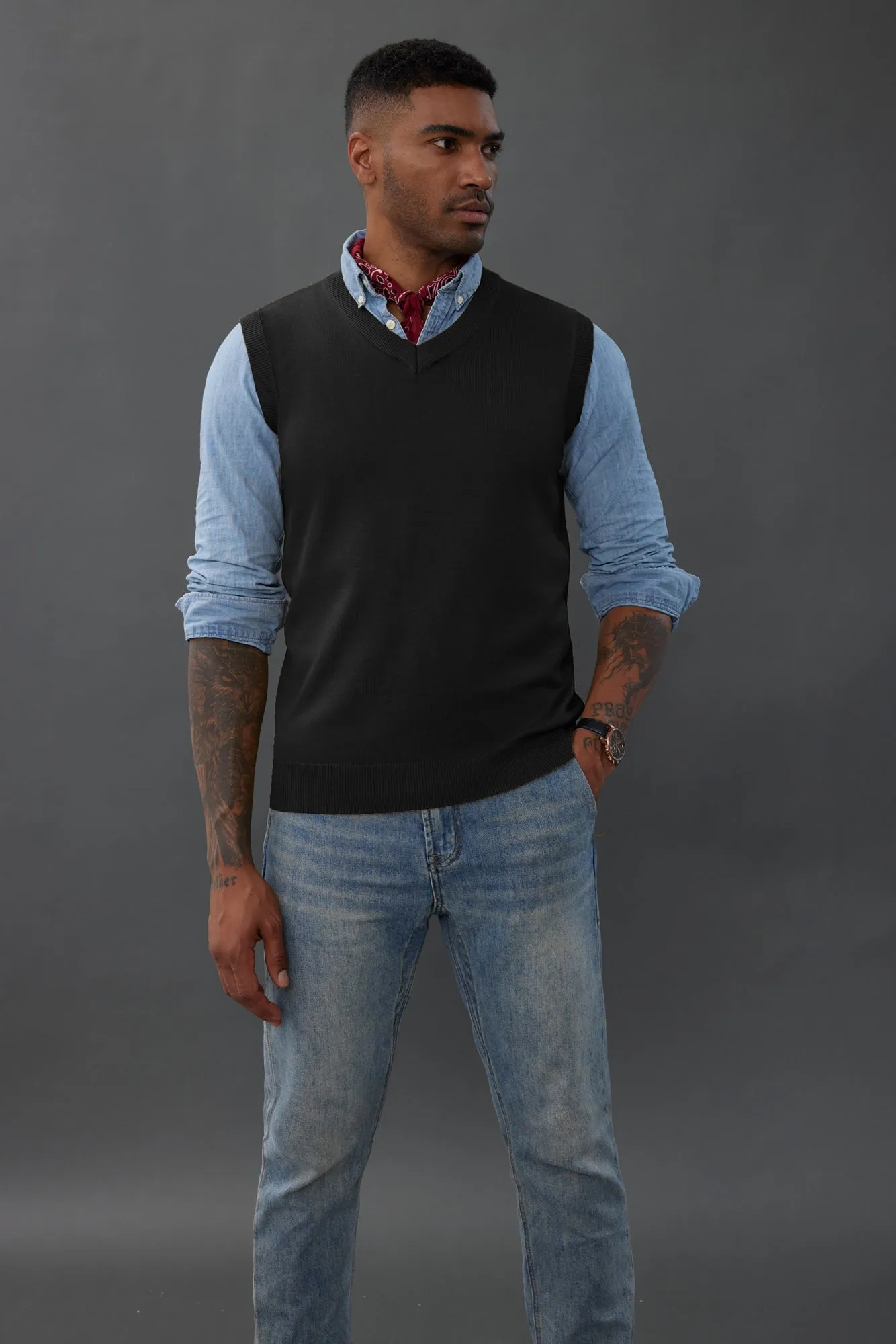 Mens V-Neck Knitted Sweater Vest Solid Plain Sleeveless Pullover Knitwears