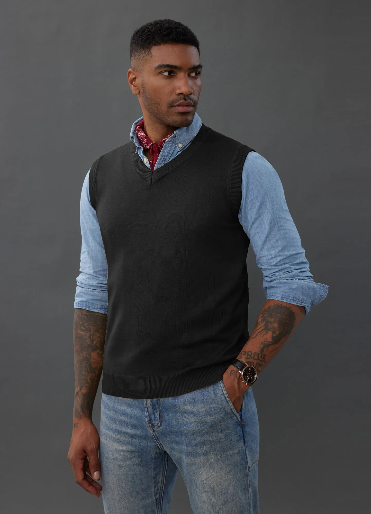 Mens V-Neck Knitted Sweater Vest Solid Plain Sleeveless Pullover Knitwears