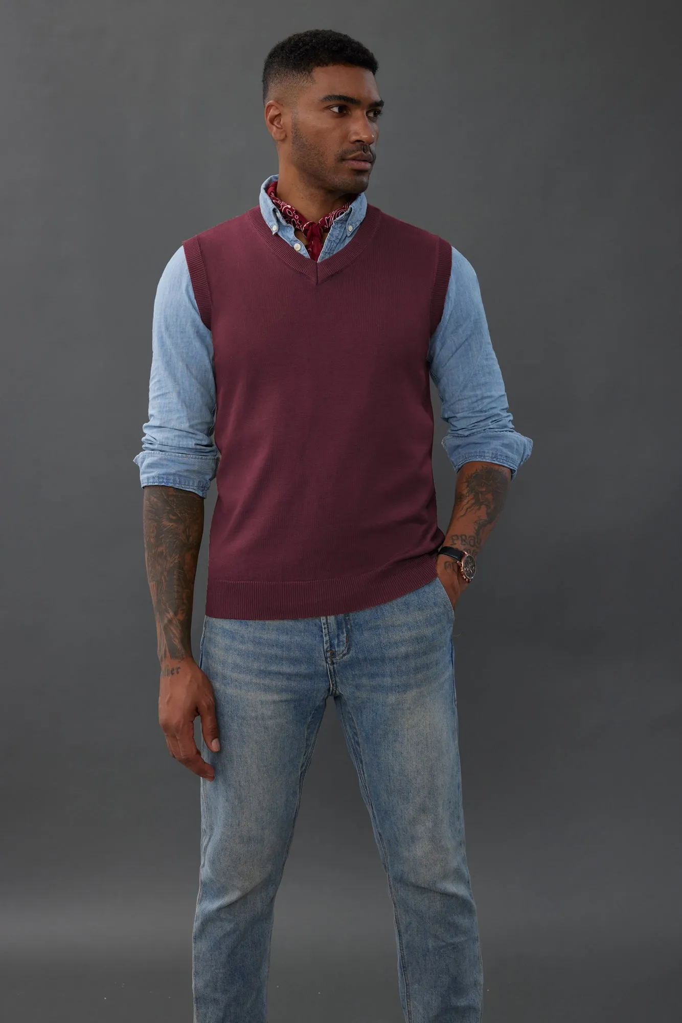 Mens V-Neck Knitted Sweater Vest Solid Plain Sleeveless Pullover Knitwears