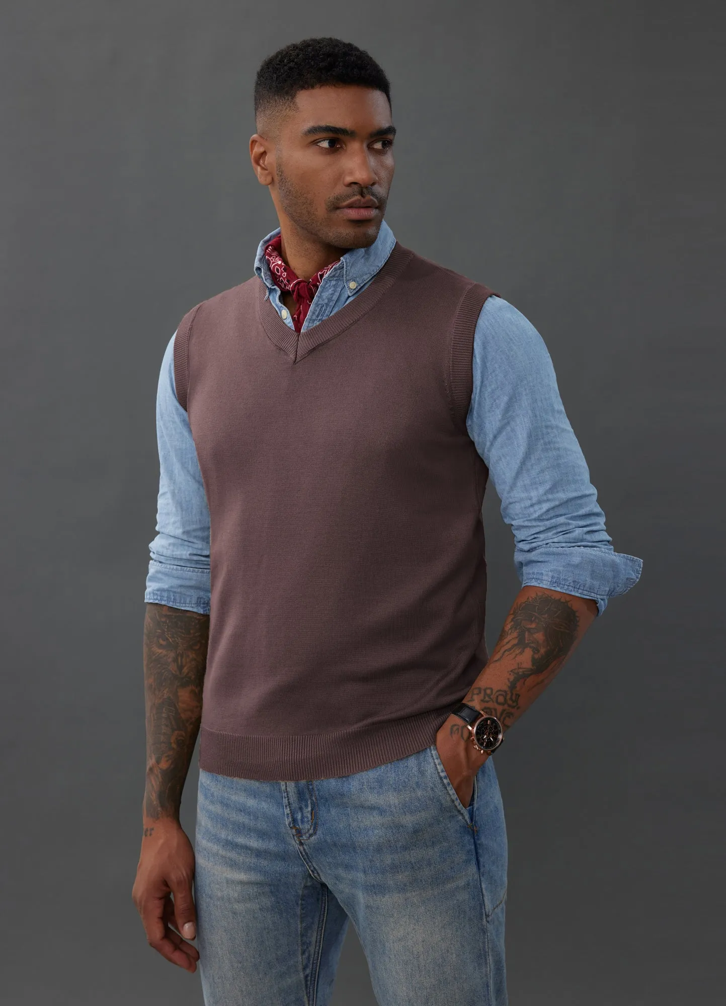 Mens V-Neck Knitted Sweater Vest Solid Plain Sleeveless Pullover Knitwears