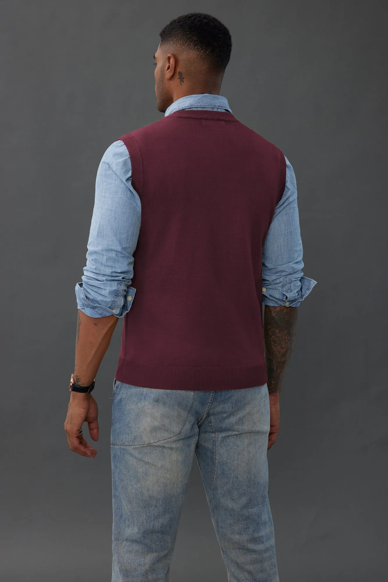 Mens V-Neck Knitted Sweater Vest Solid Plain Sleeveless Pullover Knitwears