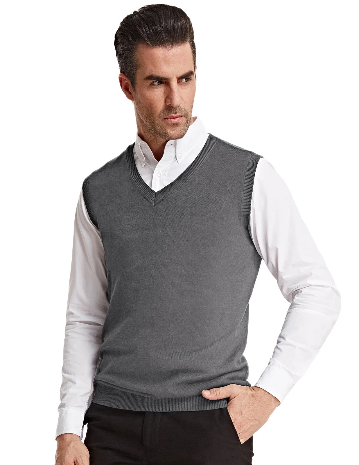 Mens V-Neck Knitted Sweater Vest Solid Plain Sleeveless Pullover Knitwears