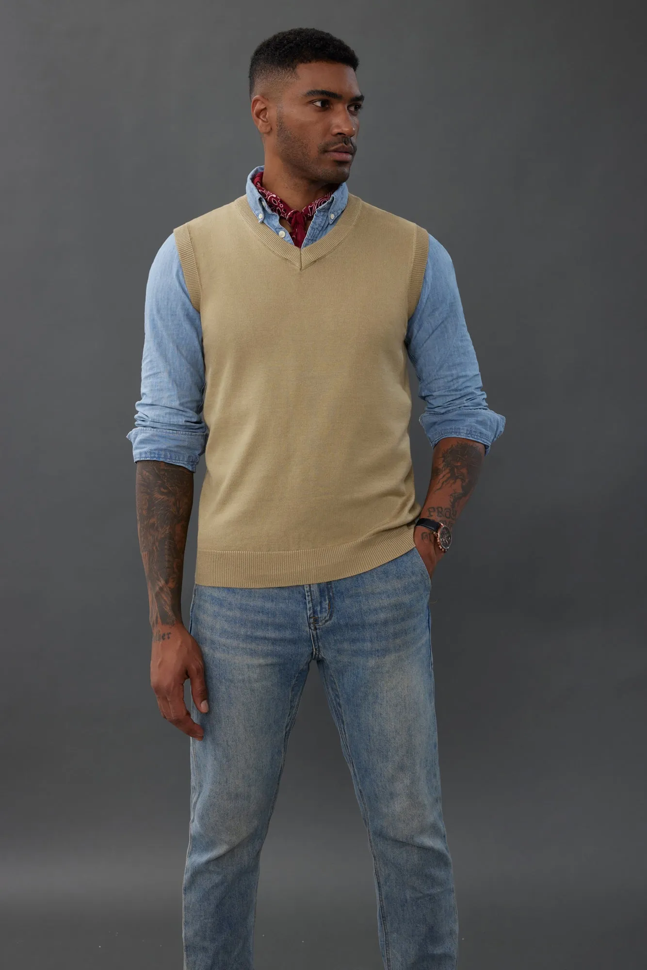 Mens V-Neck Knitted Sweater Vest Solid Plain Sleeveless Pullover Knitwears