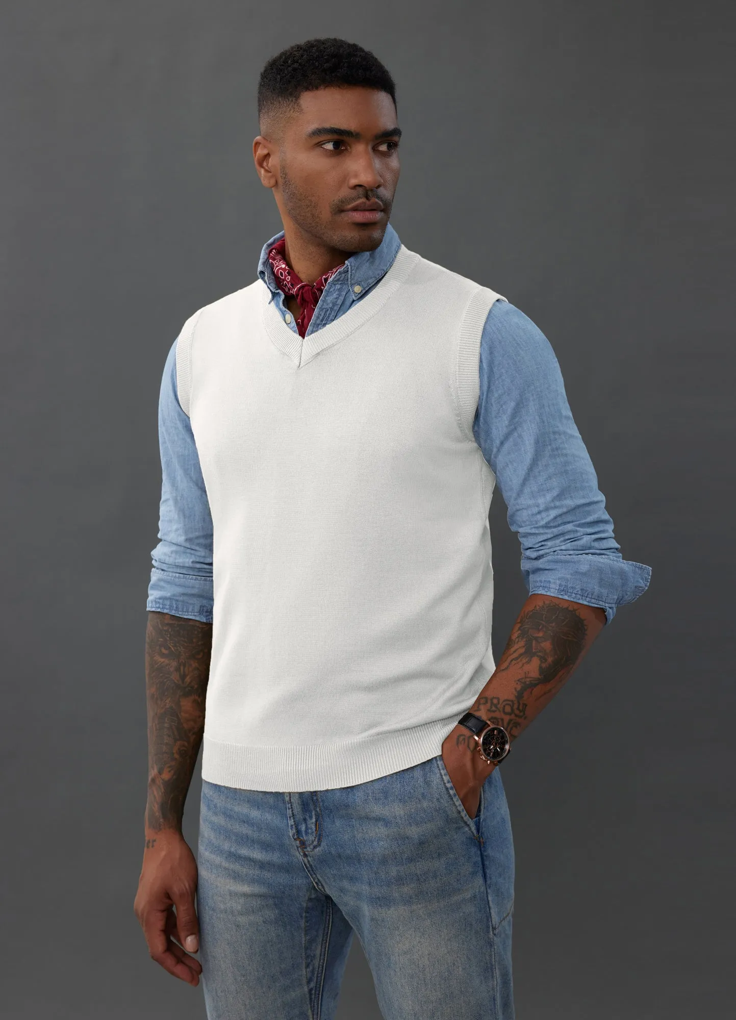 Mens V-Neck Knitted Sweater Vest Solid Plain Sleeveless Pullover Knitwears