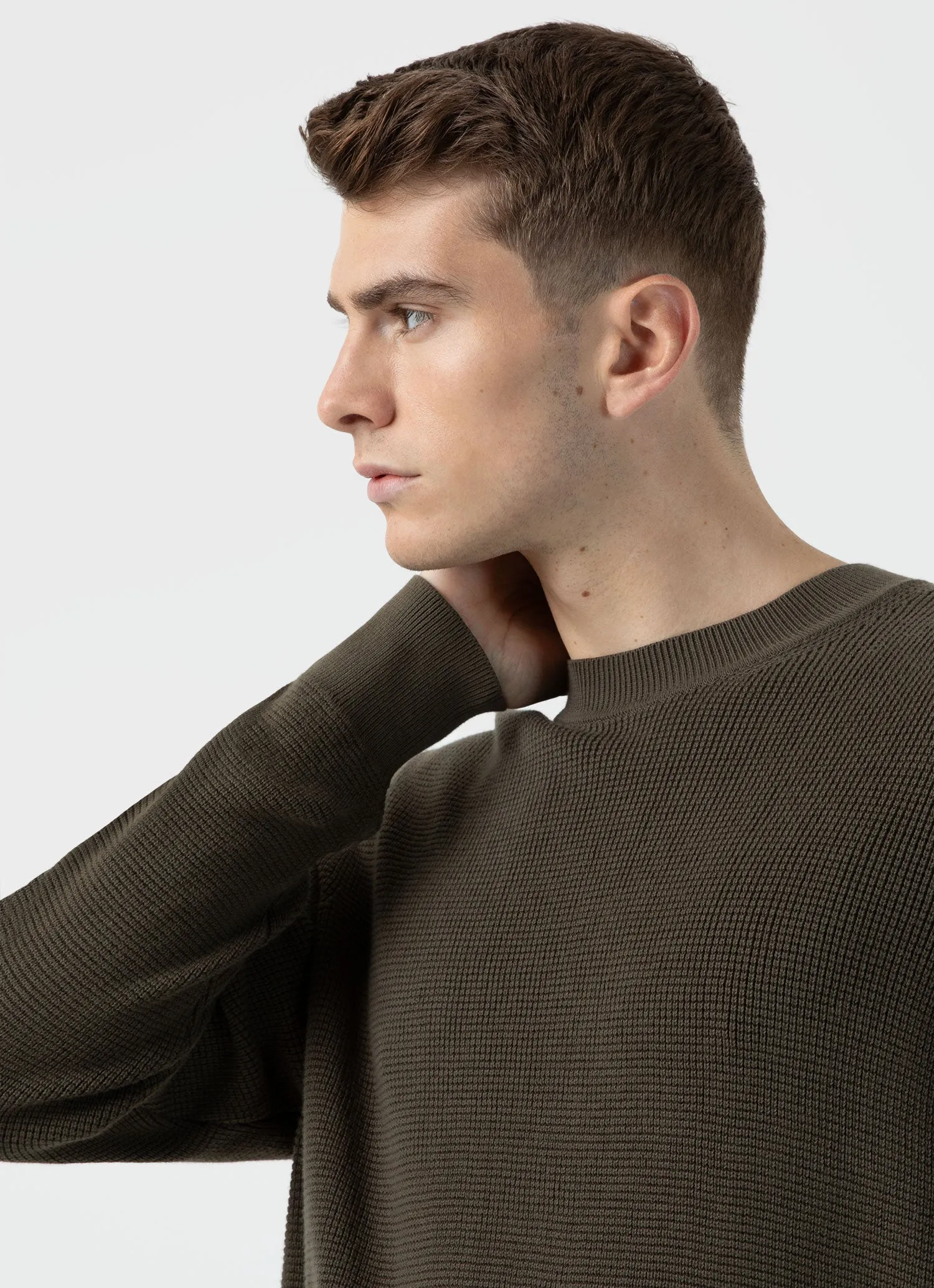 Men's Waffle Stitch Crew Neck Jumper in Khaki