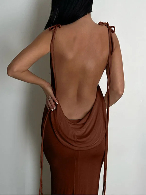 Momnfancy Brown Backless Spaghetti Strap Bodycon Fashion Photoshoot Maternity Maxi Dress