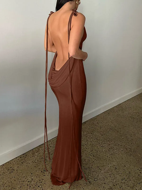 Momnfancy Brown Backless Spaghetti Strap Bodycon Fashion Photoshoot Maternity Maxi Dress