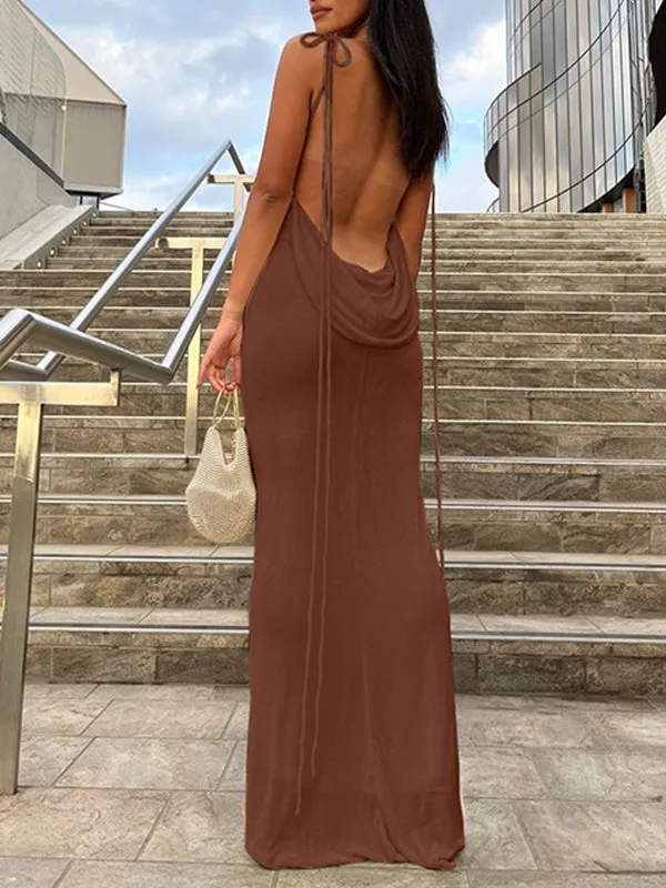 Momnfancy Brown Backless Spaghetti Strap Bodycon Fashion Photoshoot Maternity Maxi Dress