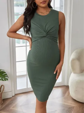 Momnfancy Dark Green Twist Front Fashion Bodycon Daily Baby Shower Maternity Mini Dress