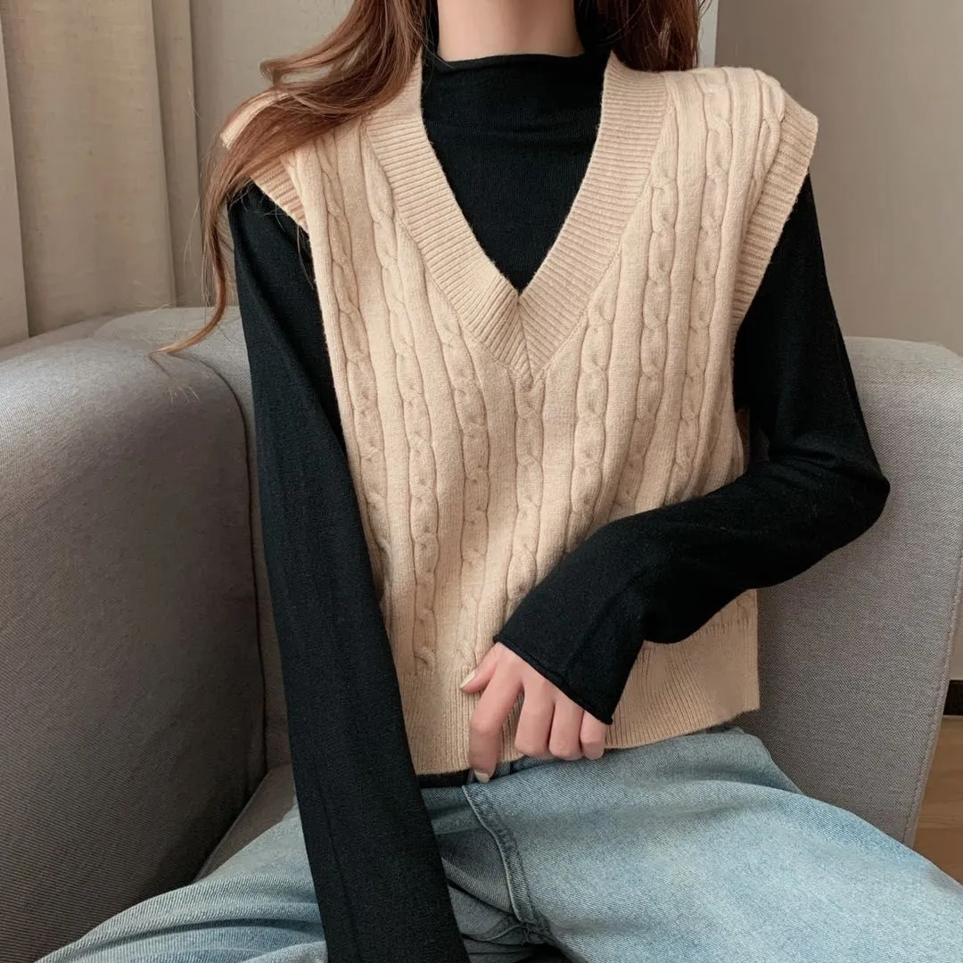 Oversized Cable Knit V Neck Knitted Tank Top Sweater