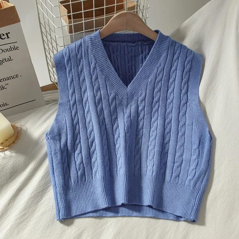 Oversized Cable Knit V Neck Knitted Tank Top Sweater