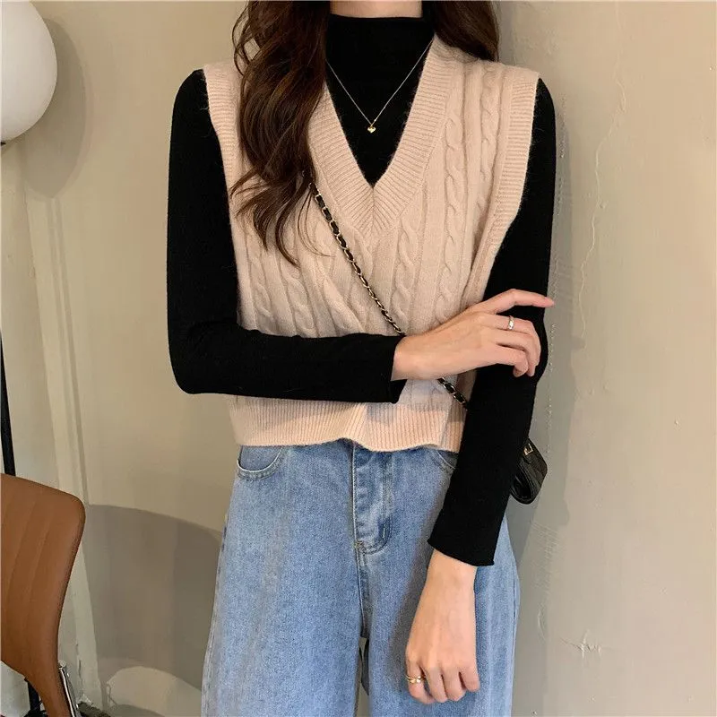 Oversized Cable Knit V Neck Knitted Tank Top Sweater