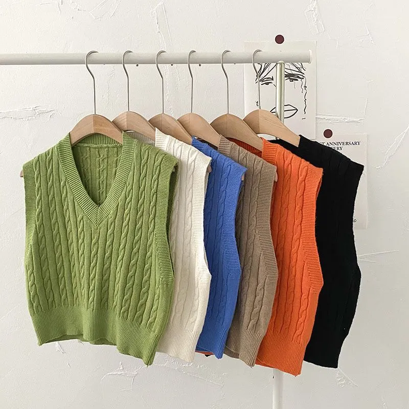 Oversized Cable Knit V Neck Knitted Tank Top Sweater