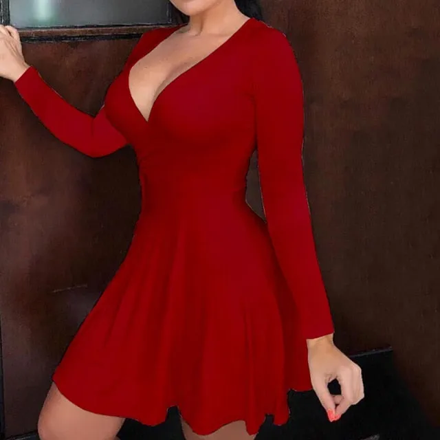 Plus Size 3XL 2020 Fashion Solid Color Long Sleeve Woman Dress Sexy & Club Deep V-neck Short Dress Women Bodycon Dress