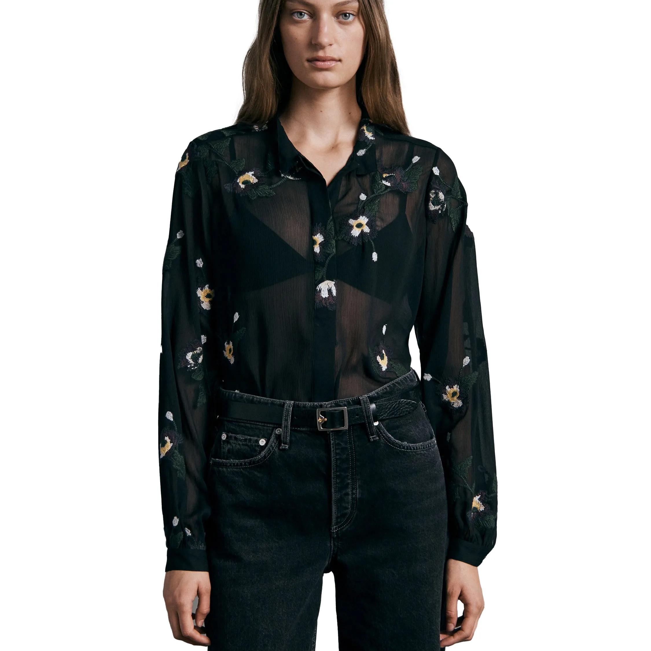 Rag & Bone Black Floral Embroidery Button Down Shirt