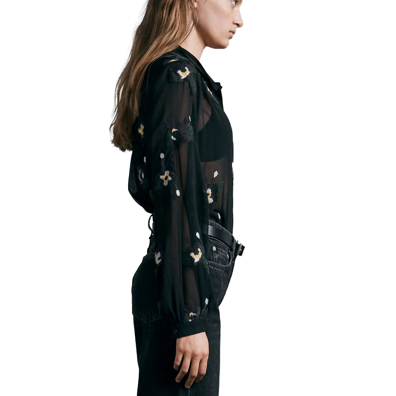 Rag & Bone Black Floral Embroidery Button Down Shirt