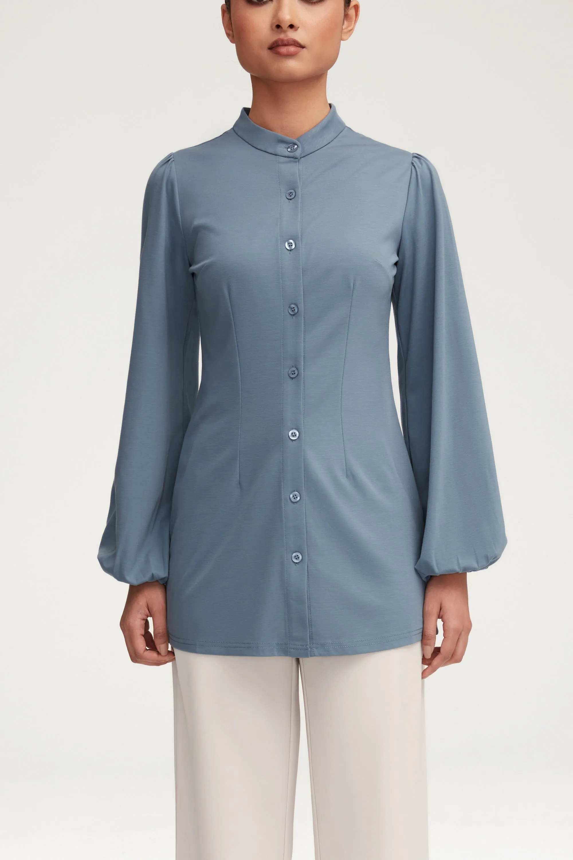 Rayana Jersey Button Down Top - Denim Blue