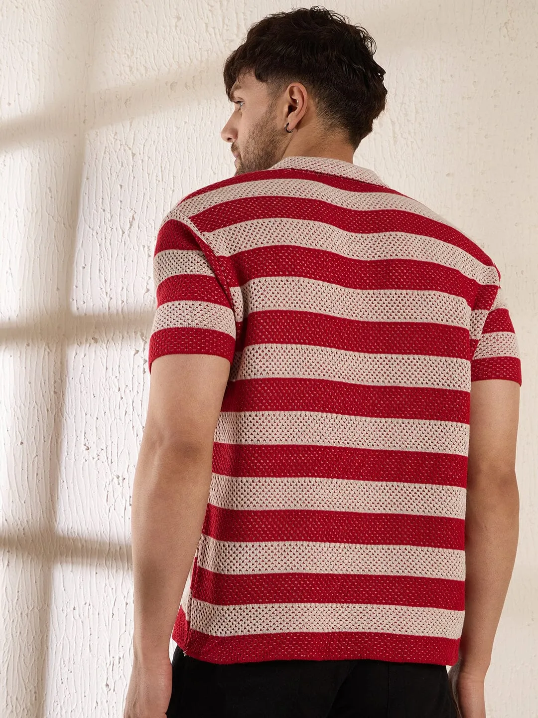 Red Striped Crochet Knitted Shirt