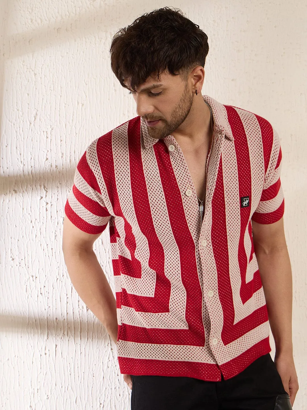 Red Striped Crochet Knitted Shirt