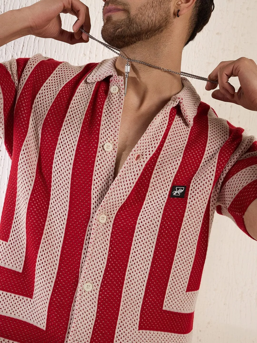 Red Striped Crochet Knitted Shirt