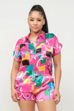 Satin Dolman Print Button Down Top And Shorts Set