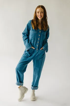 The Adeline Button-Down Jumpsuit in Washed Denim