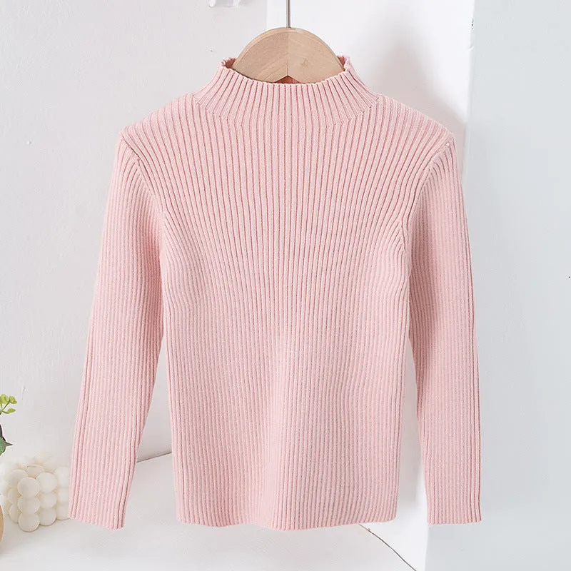 Toddler Kids Solid Color Half High Neck Sweater Knitted Base Top