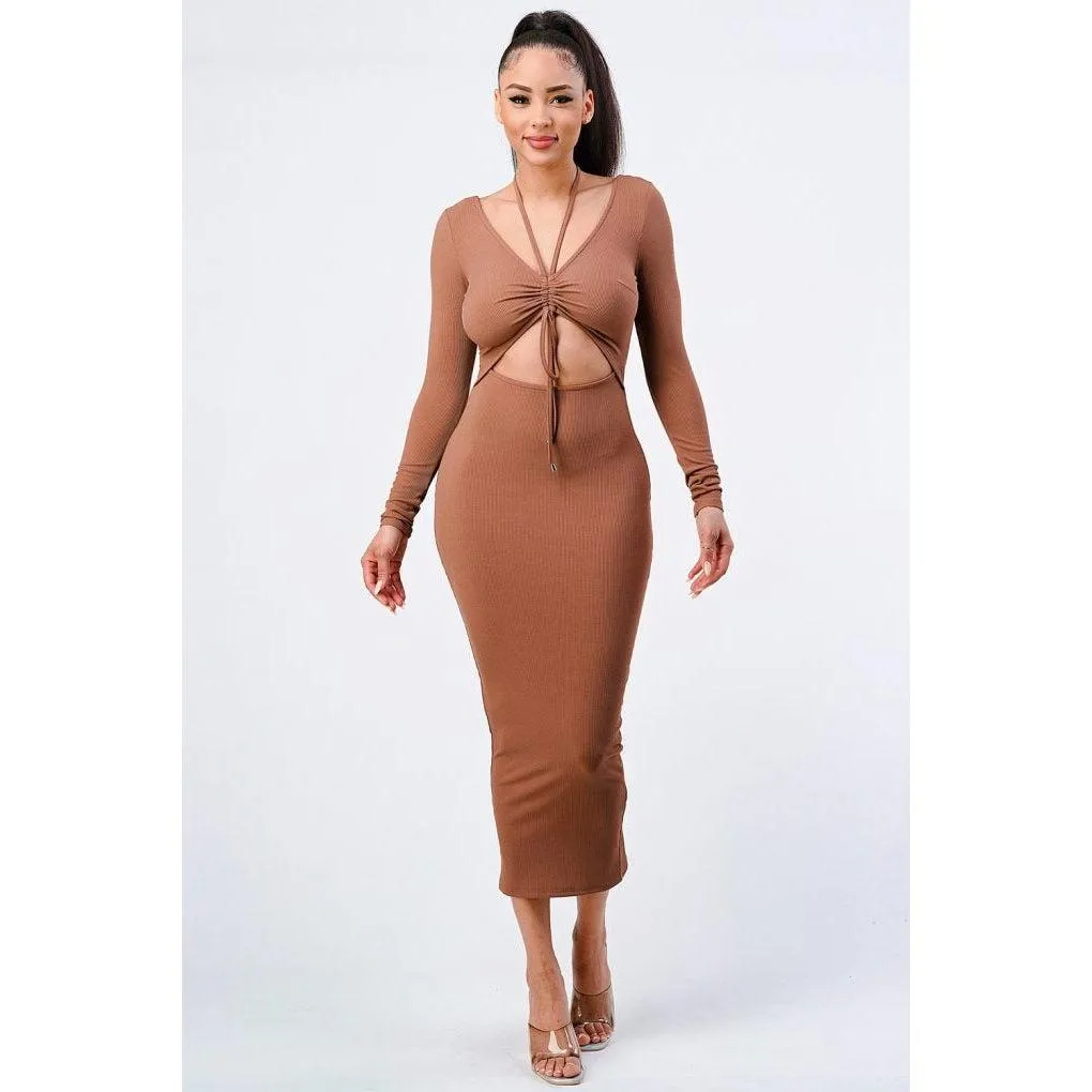 Trendy Front Shirring Cut-out Long Sleeved Dress