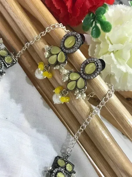 Trendy Oxidized Chain Set With Pastel Yellow AD Stone