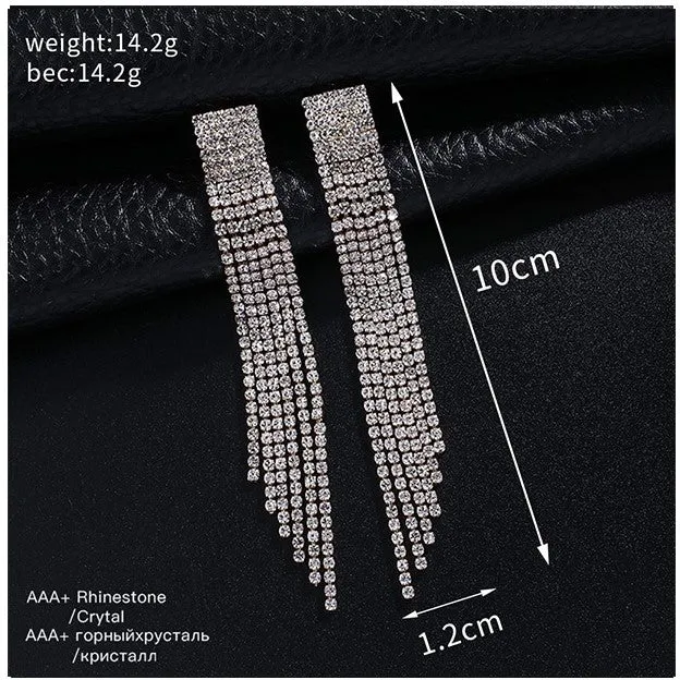 Trendy Silver Crystals Long tassel dangle Earrings