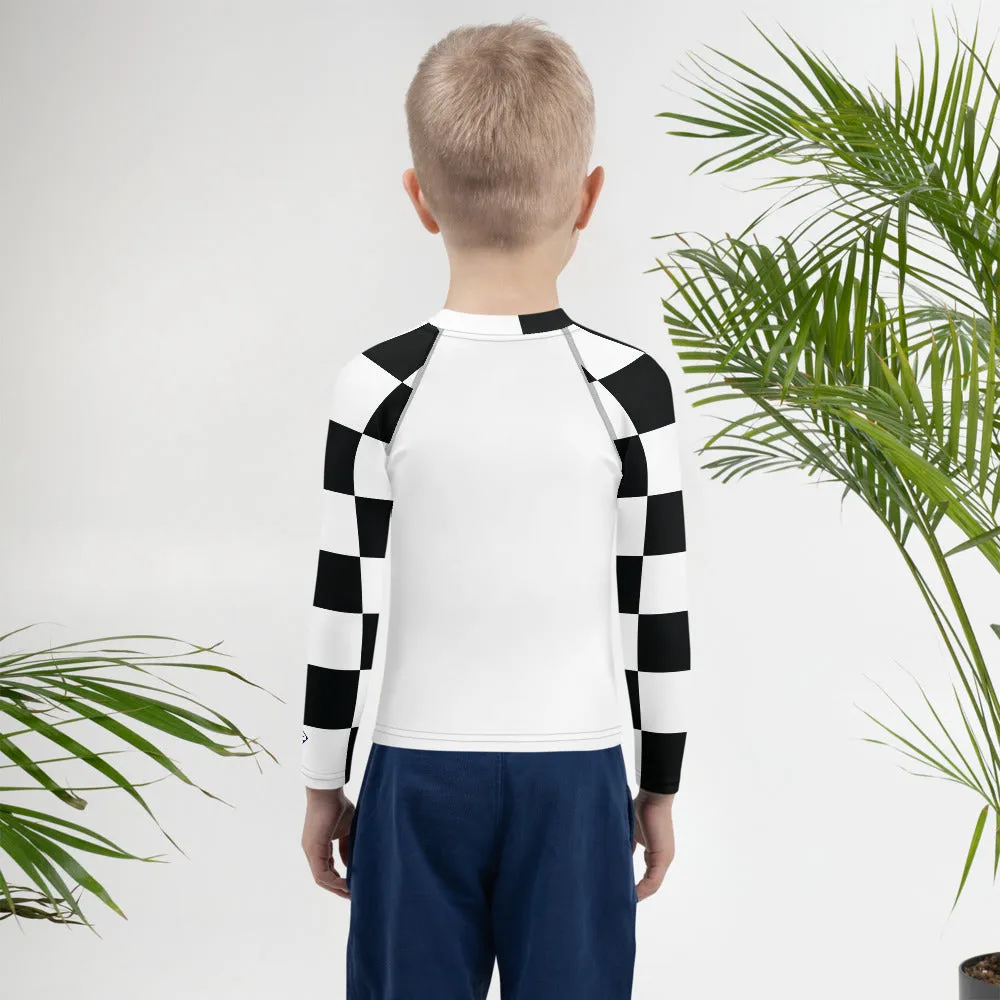 Trendy Tots: Boys' Checkered Long Sleeve Rash Guard - Blanc