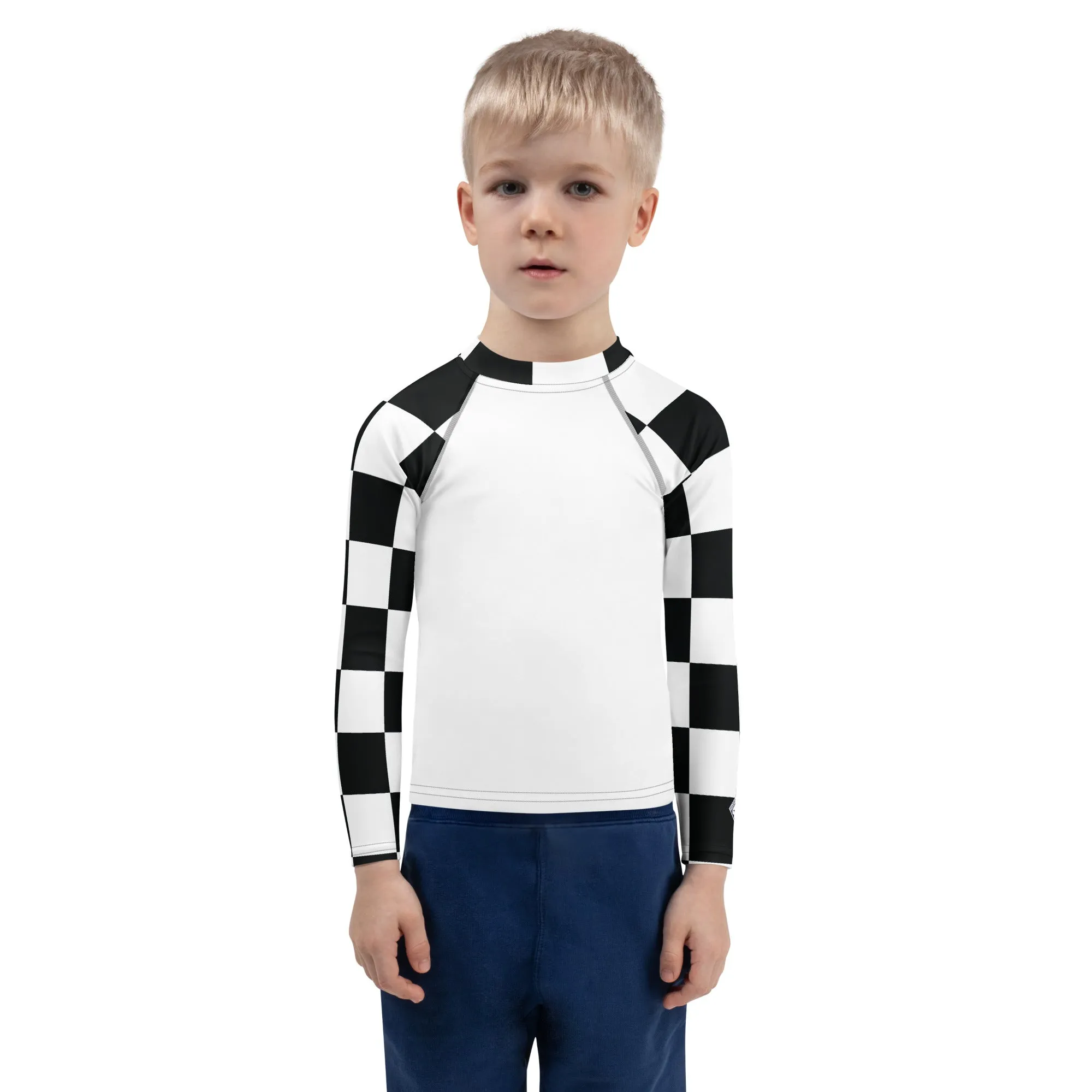 Trendy Tots: Boys' Checkered Long Sleeve Rash Guard - Blanc