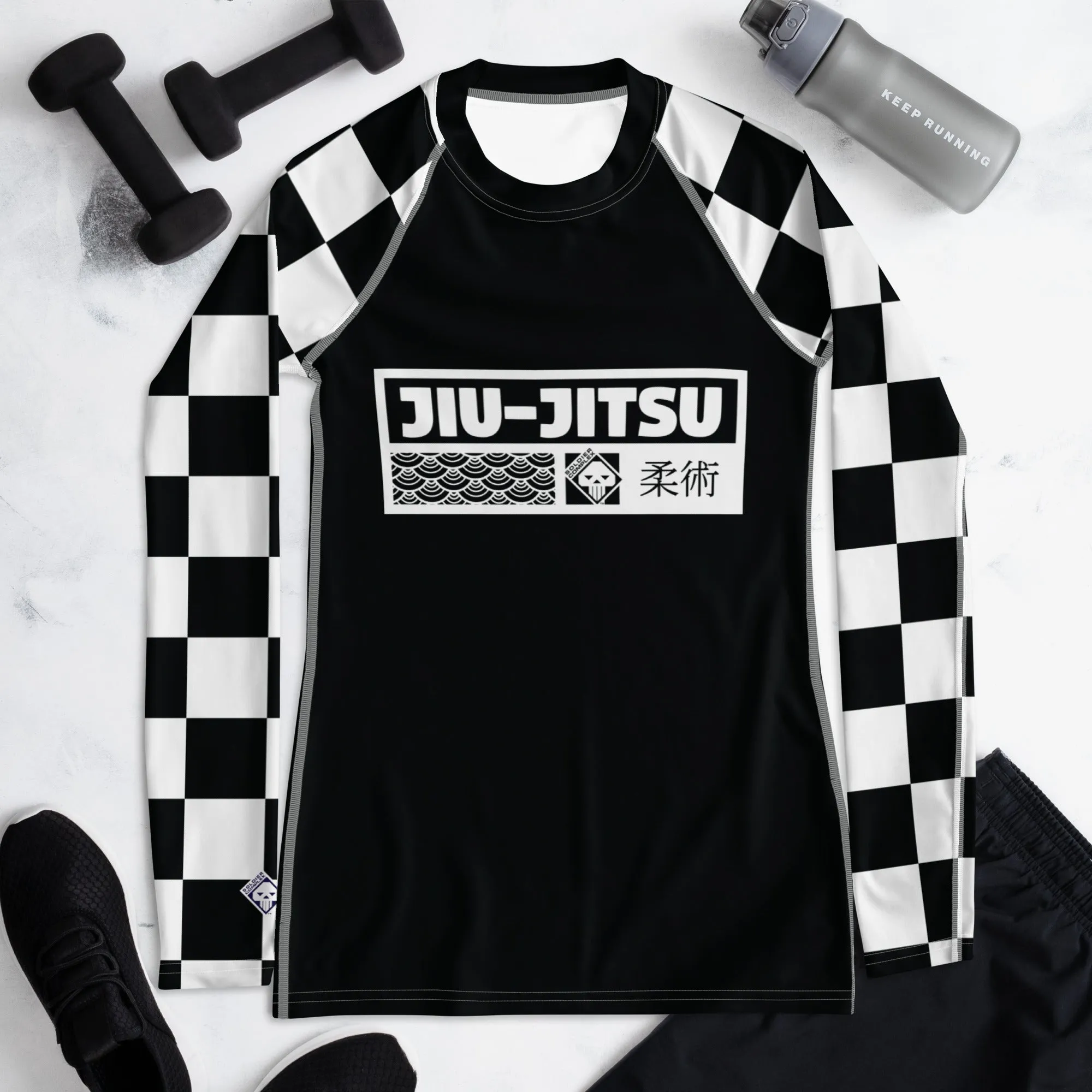 Trendy Training Attire: Checkered Women's Long Sleeve BJJ Rash Guard - Noir Jiu-Jitsu