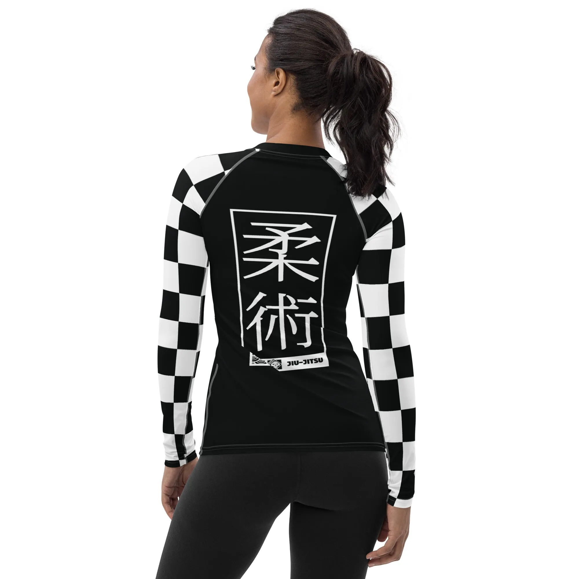 Trendy Training Attire: Checkered Women's Long Sleeve BJJ Rash Guard - Noir Jiu-Jitsu