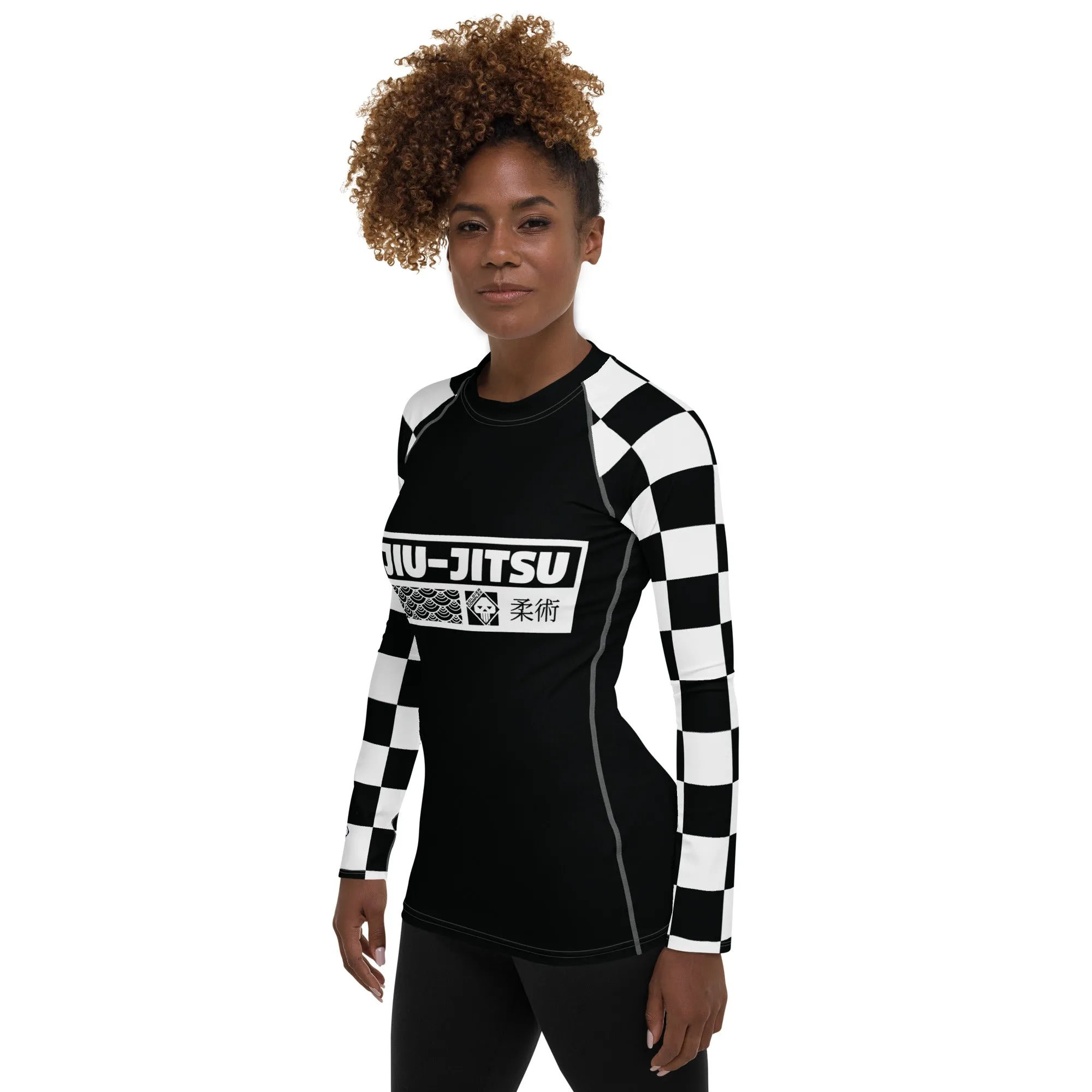 Trendy Training Attire: Checkered Women's Long Sleeve BJJ Rash Guard - Noir Jiu-Jitsu