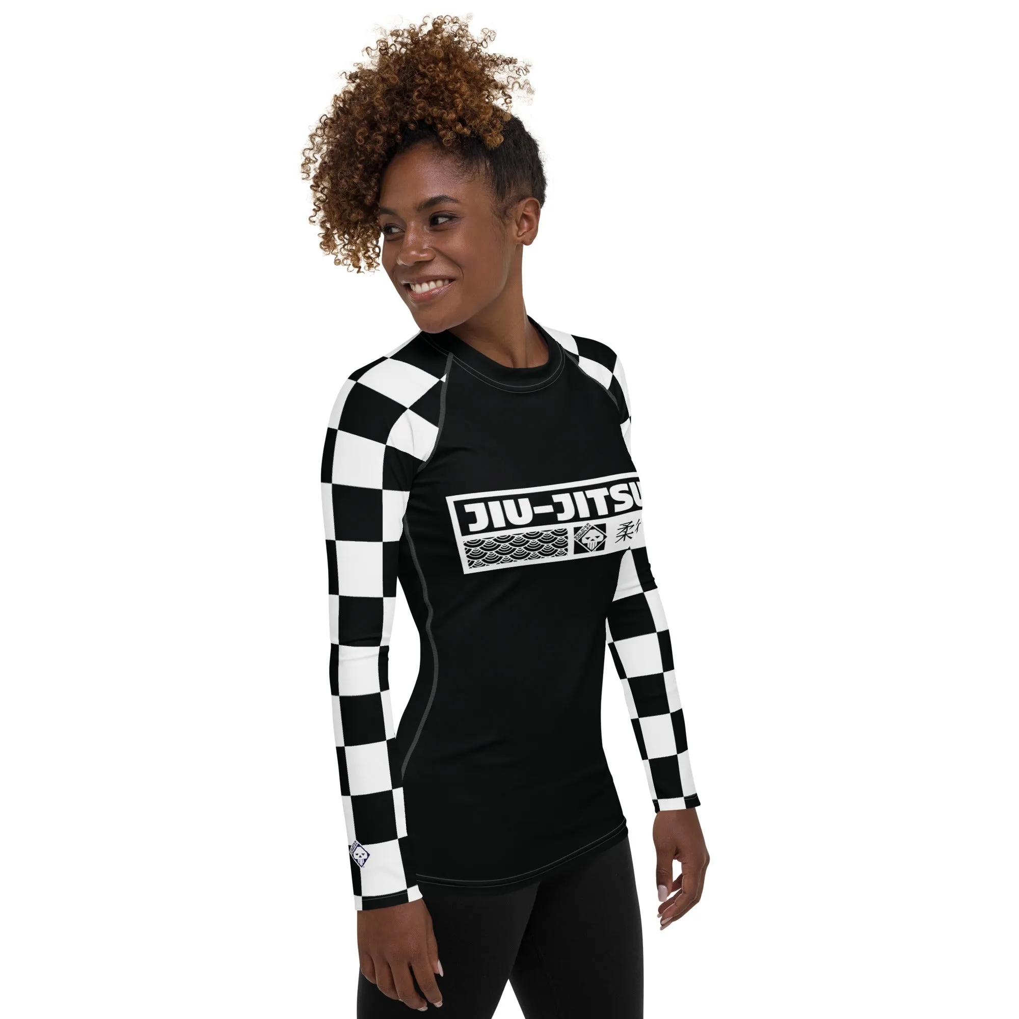 Trendy Training Attire: Checkered Women's Long Sleeve BJJ Rash Guard - Noir Jiu-Jitsu